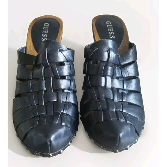 Guess Clogs Womens Size 8.5 Black Woven Leather Block Heel Stud Gwwoven - Picture 2 of 12